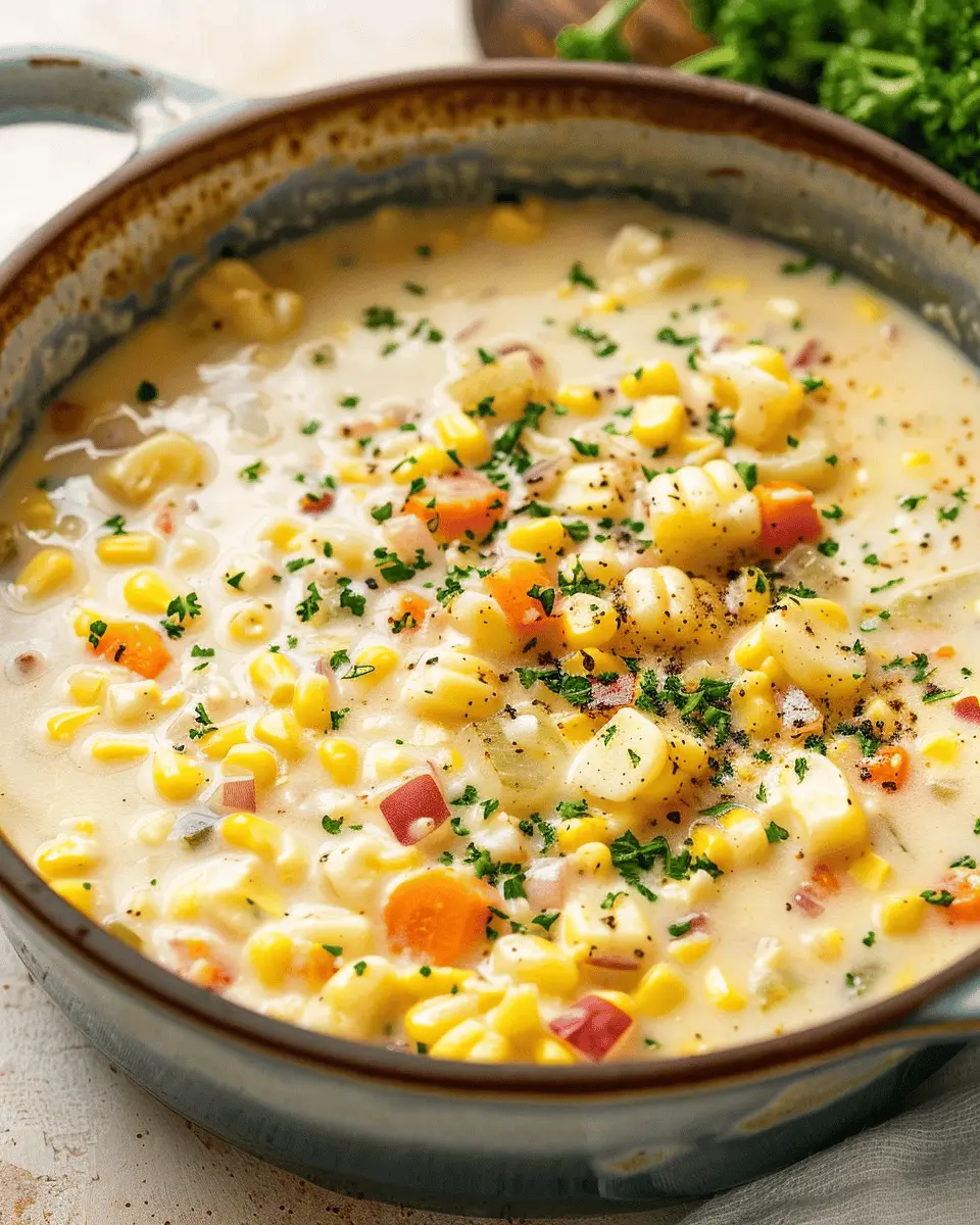 Creamy Corn Chowder with Turkey Bacon and Chicken Ham Delight