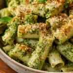 Creamy Pesto Rigatoni with Chili Garlic Breadcrumbs