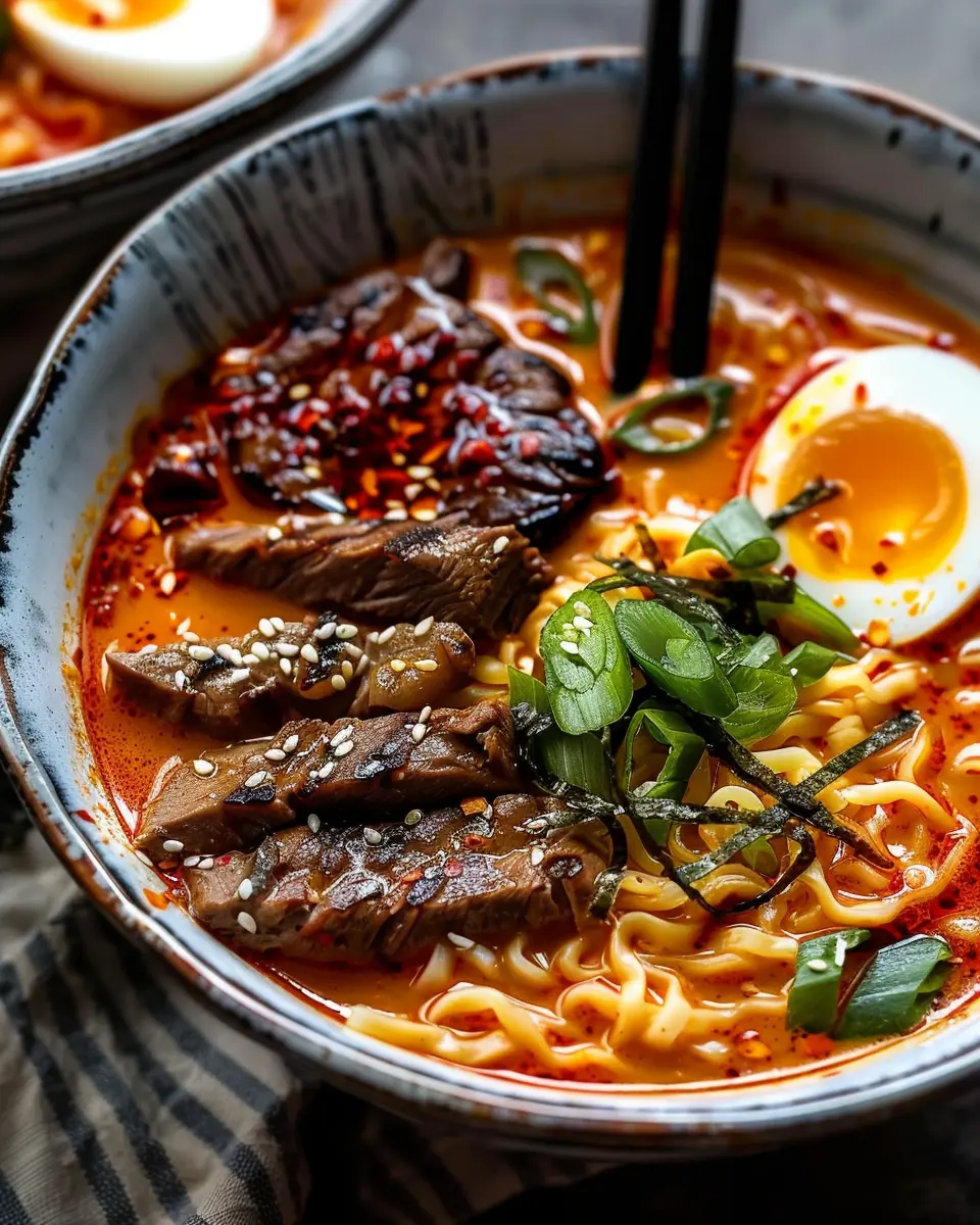 Spicy Korean Ramen: Indulgent Grilled Beef &amp; Creamy Sauce Delight