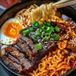 Spicy Korean Ramen with Grilled Beef & Creamy Sauce