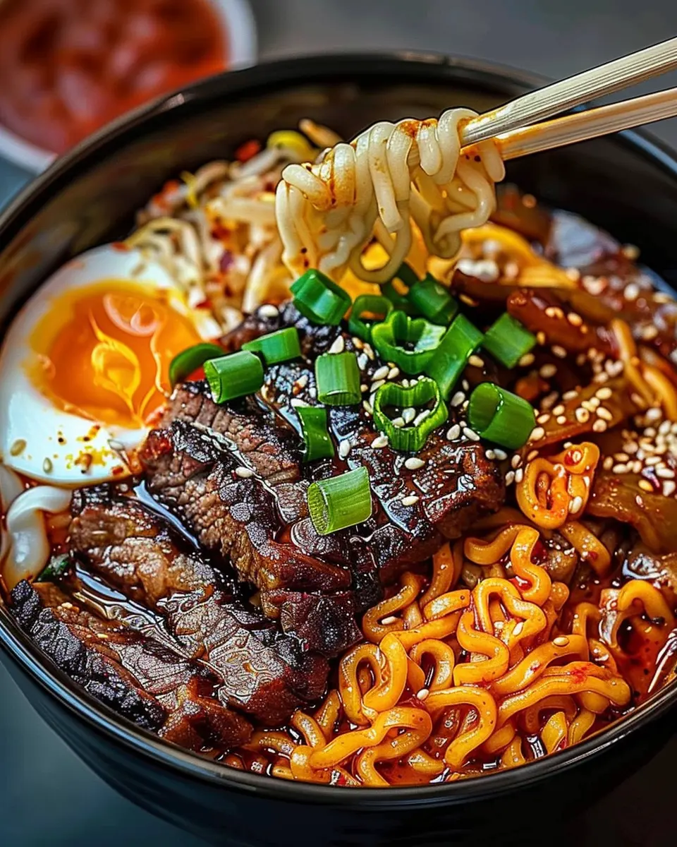 Spicy Korean Ramen: Indulgent Grilled Beef with Creamy Sauce
