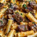 Cajun Steak Tips in Cheesy Rigatoni Parmesan Sauce
