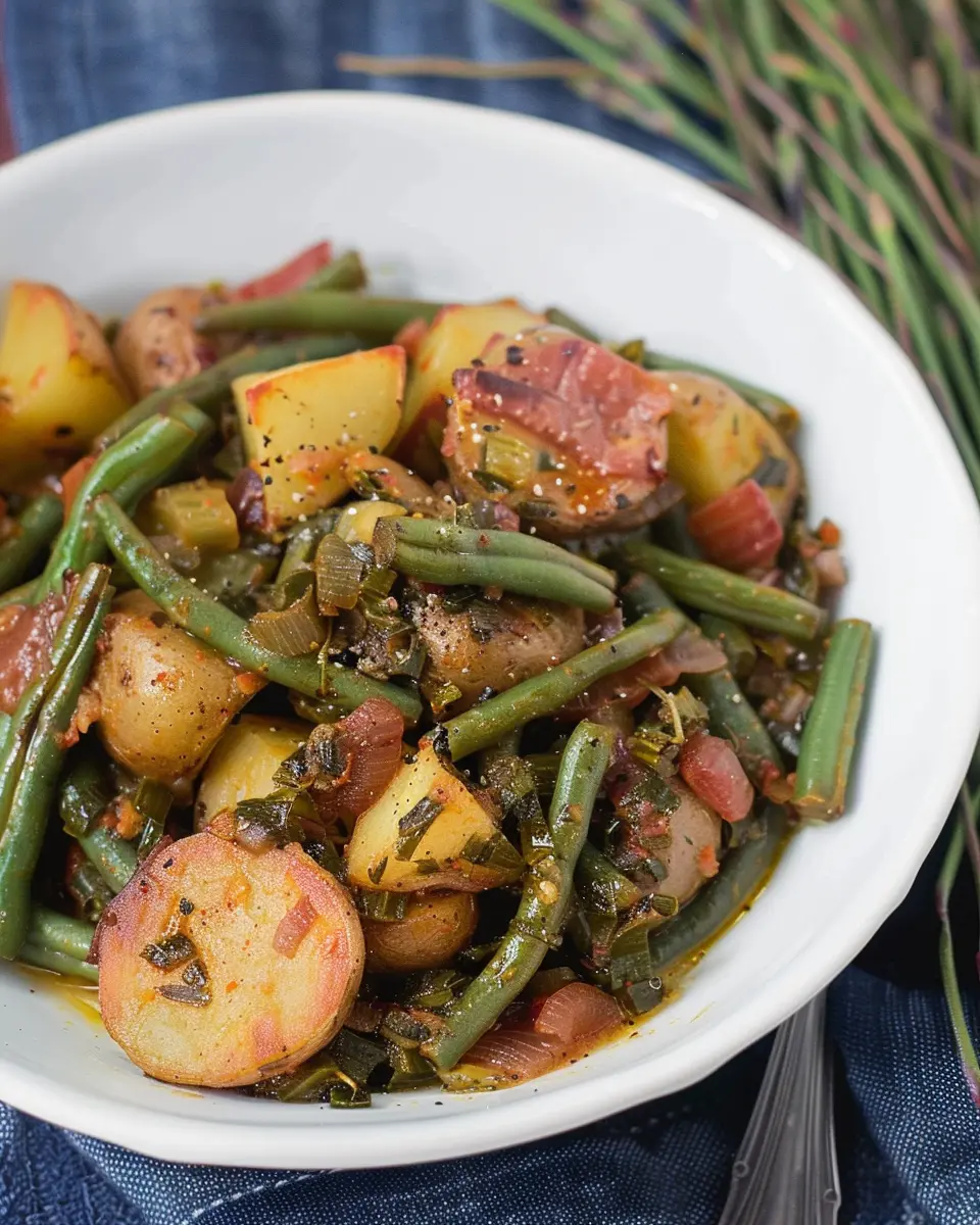 Smothered Green Beans: Easy Cajun Style Potatoes with Turkey Bacon