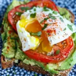 Breakfast Smashed Avocado Tomato Toast with Fried Poached Egg