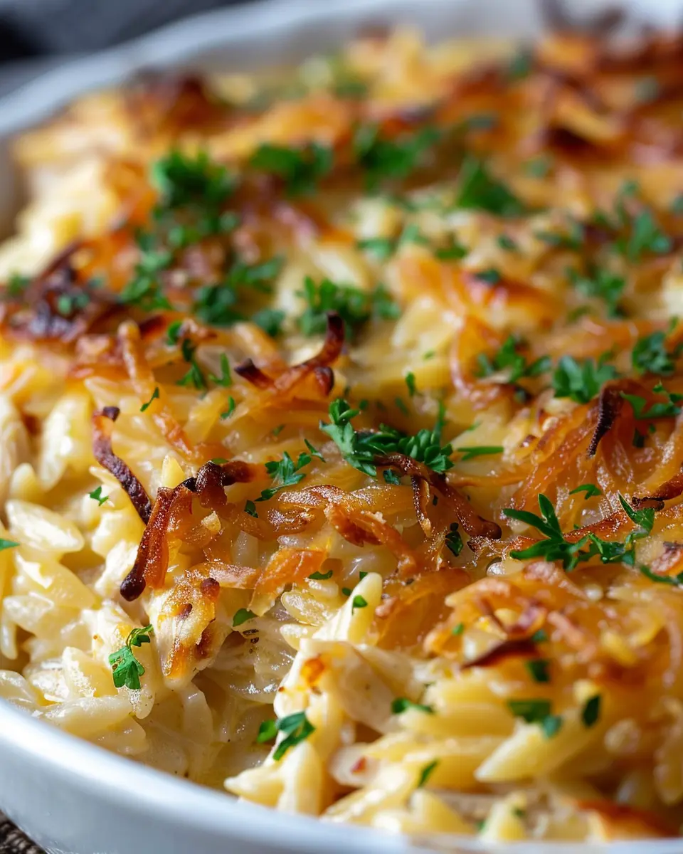 French Onion Chicken Orzo Casserole with Turkey Bacon Delight